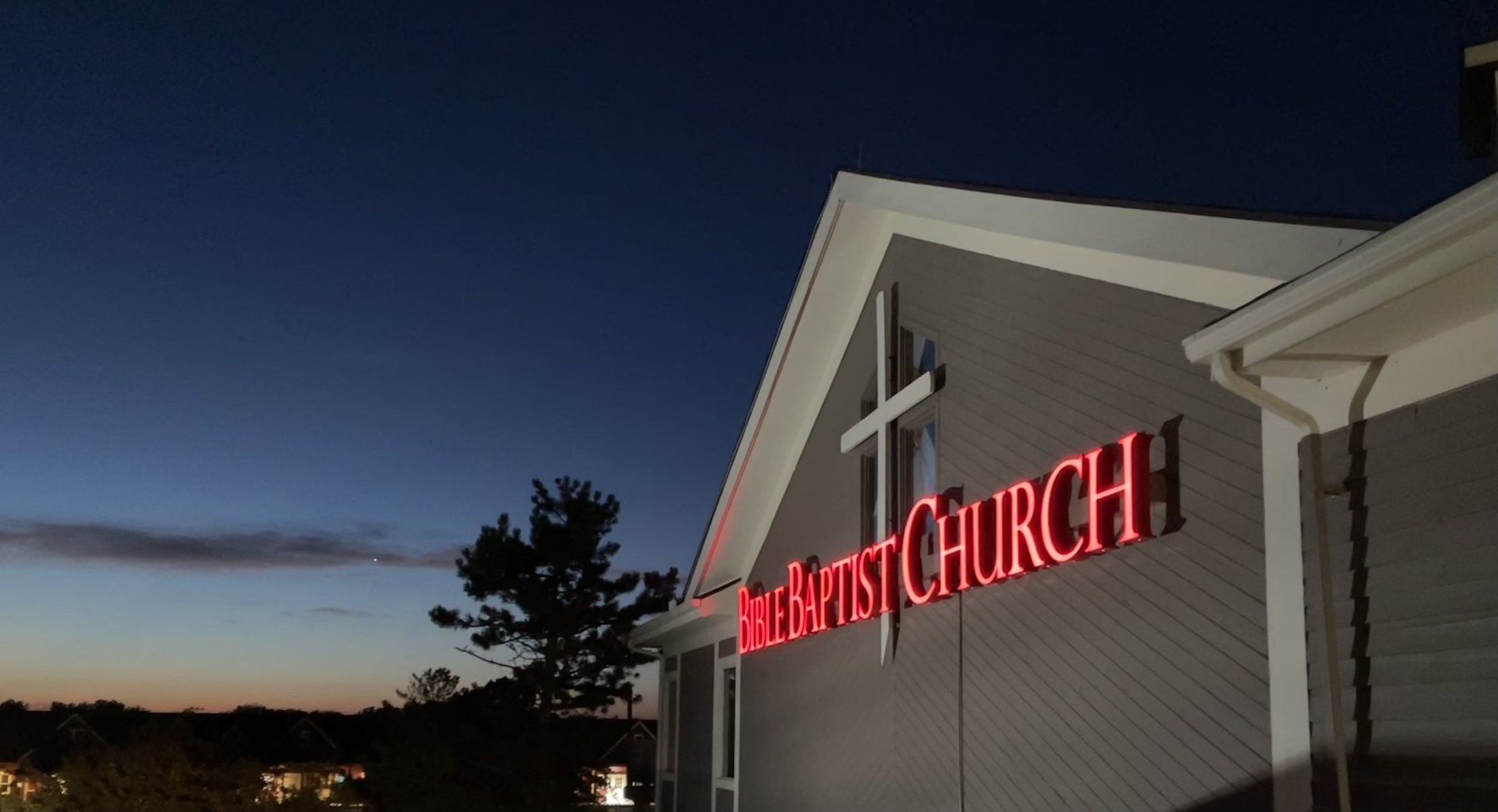 Bible Baptist Church building at dusk in Marysville, Ohio